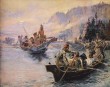 Setkání s Činuky na řece Columbii. Sacagawea tlumočí indiánským esperantem - posunkovou řečí; Ilustrace: Charles M. Russell Setkání s Činuky na řece Columbii. Sacagawea tlumočí indiánským esperantem - posunkovou řečí; Ilustrace: Charles M. Russell